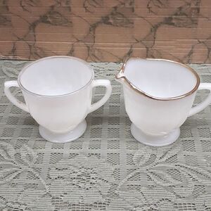 Anchor Hocking Vintage Fire King Suburbia Swirl Cream & Sugar Bowl gold trim